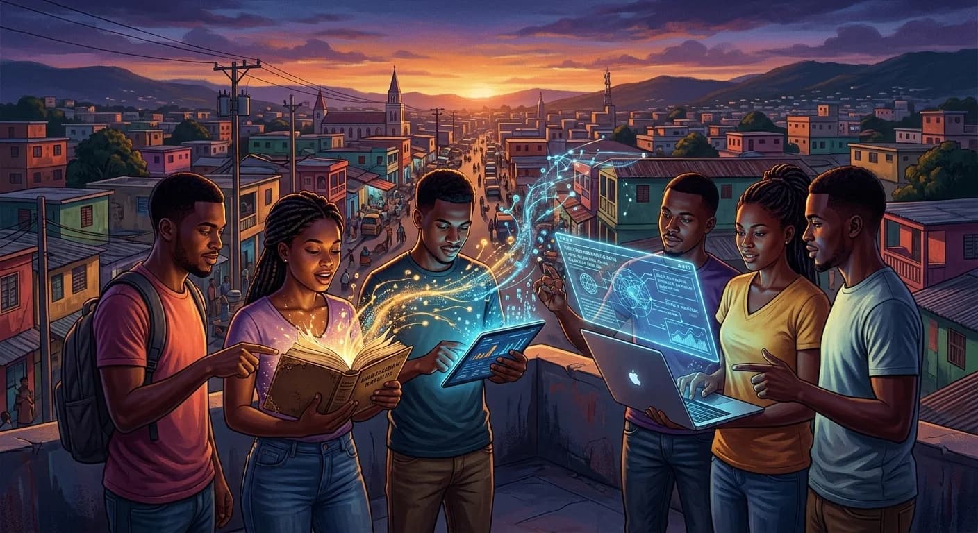 Jeunes haïtiens sur un toit de Ouanaminthe au crépuscule, un livre ouvert dont les pages s'envolent en flux lumineux vers une tablette et un ordinateur portable